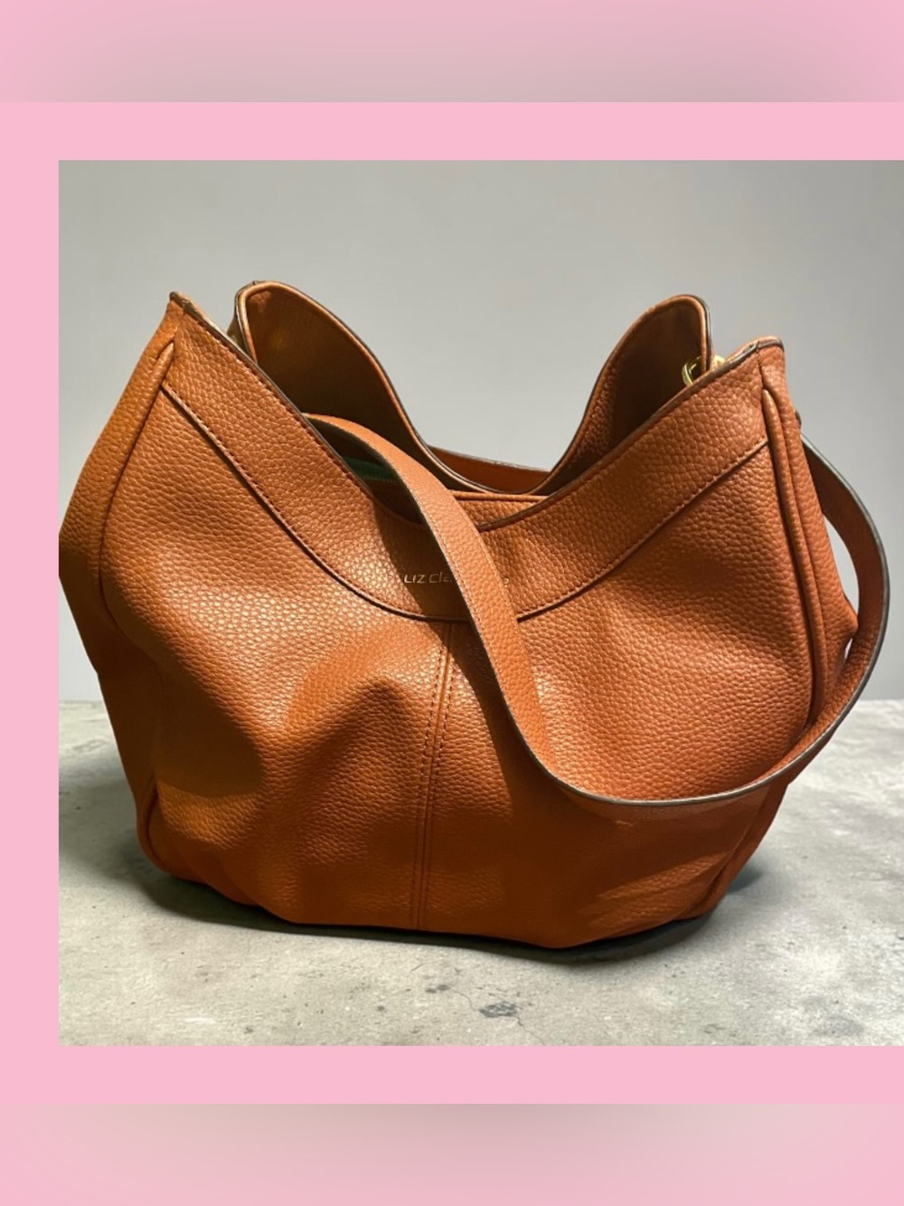 Liz Claiborne Cognac Pebbled Leather Shoulder Tote. measurements are 13 x 10.